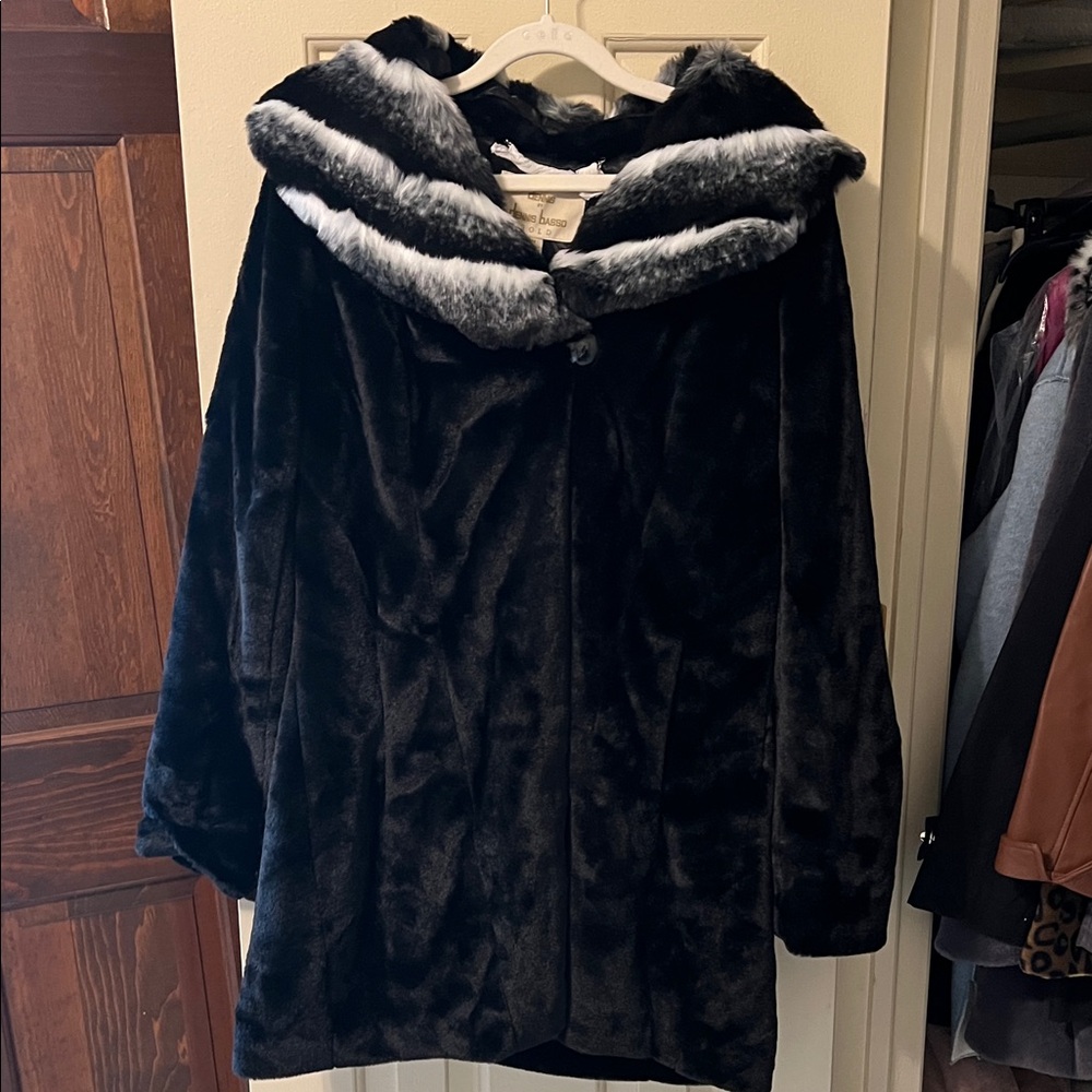 Dennis Basso Luxurious Black Faux Fur Coat with Gray Trim